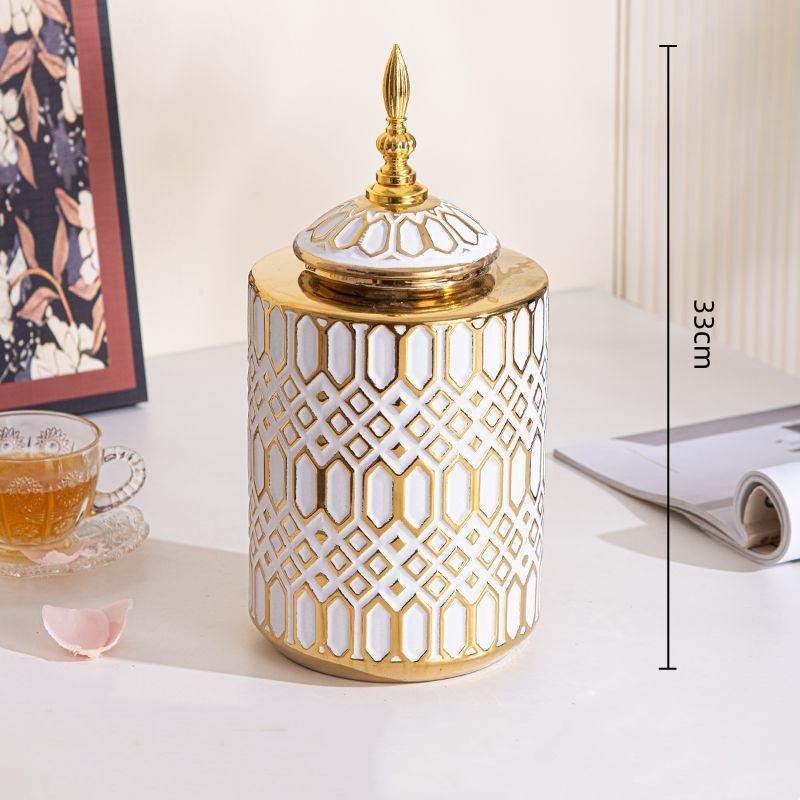Geometric Golden Striped Ceramic Vase General's Jar with Lid Sealed Storage Tank Ginger Jar Flower Vase Home Decoration