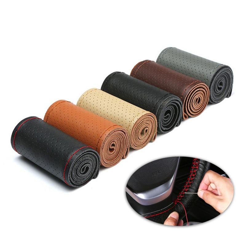 Steering Wheel Cover Made Of Genuine Leather First Layer, Handmade, Universal For All Seasons, With Red Stitching