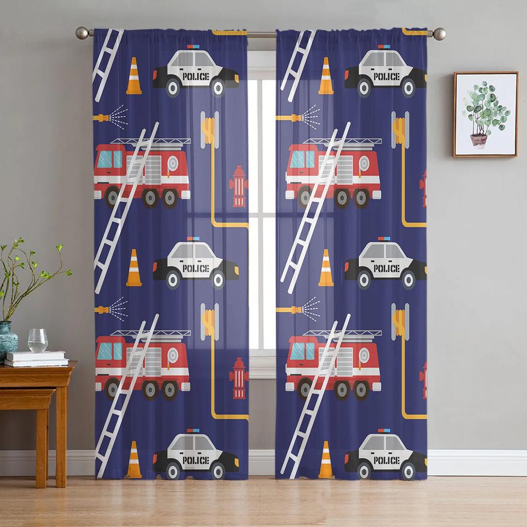 Cartoon Fire Truck Ambulance Police Car Tulle Curtains Living Room Decoration Chiffon Voile Kitchen Bedroom Curtain With Light Filtering Polyester