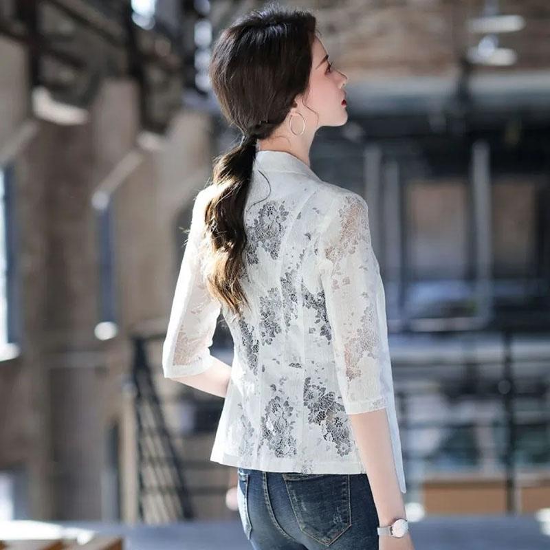 Terno de renda estampado emagrecimento versão coreana primavera e verão moda feminina estilo fino terno casaco protetor solar feminino
