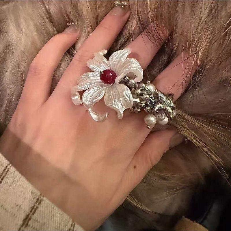 Pearl Acrylic Flower Double-layer Ring Fashionable Small Fresh Sweet Index Finger Ring Niche Temperament Versatile Jewelry Women