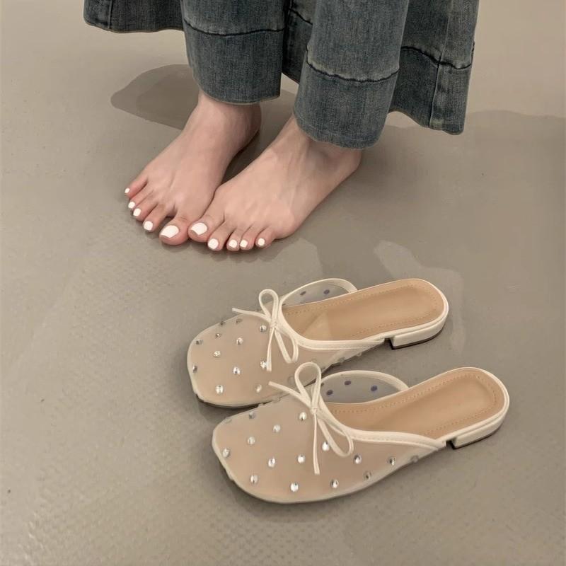 Mode Damen Sommer Strass Dekor Spitze Pantoletten Atmungsaktives Mesh Damen Hausschuhe Mode Geschlossene Zehenpartie Ballerinas Slipper für Damen