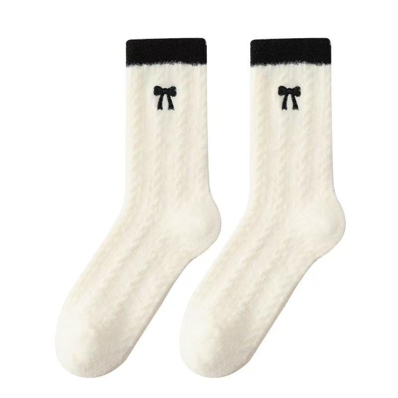 Thick Australian Fleece Women's Socks for Autumn and Winter, Winter Warmth, Color-blocked Pile Socks, Bow Embroidery, Fleece Home Socks