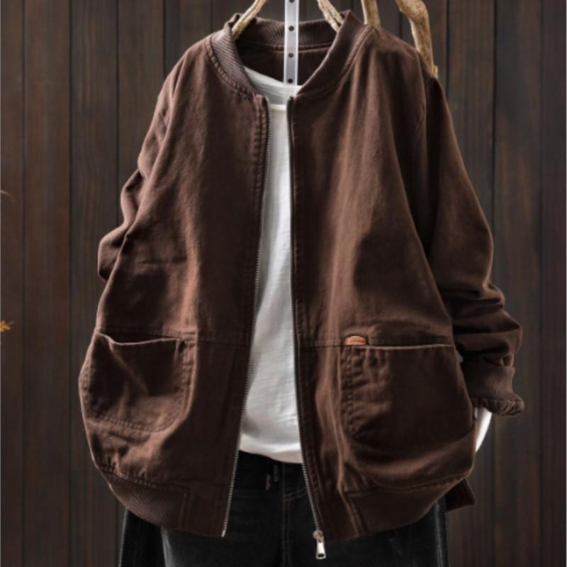 Johnature Women Vintage Jackets Solid Color Stand Long Sleeve Coats Autumn Zipper Loose Casual Pockets Jackets