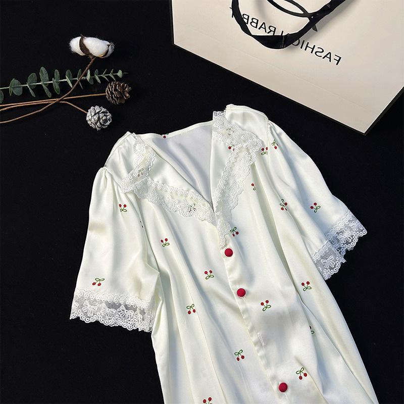 Women's Ice Silk Cherry Print Pajama Set - Elegant Summer Three-Piece Lounge Wear