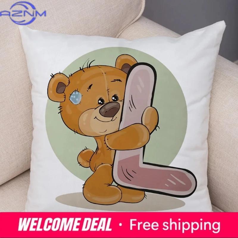 Cute Cartoon Bear Animal Cushion Cover Sofa Children'S Room English Letter Print Pillowcase With Zipper Cushion Cover