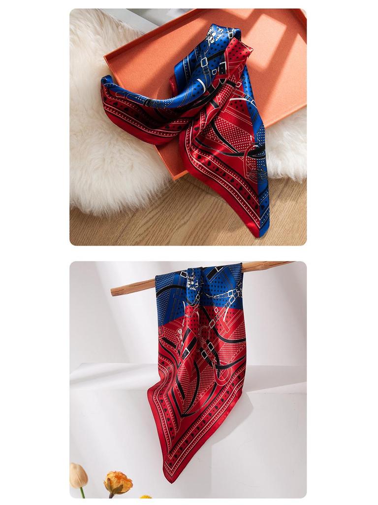 Elegant Autumn Red & Blue Patchwork Mulberry Silk Scarf - Versatile Women's Fashion Accessory