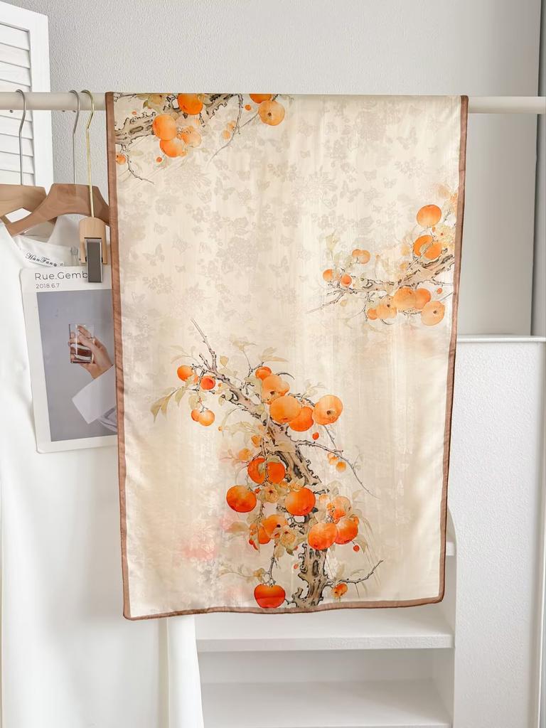 New Sangbo Satin Silk Long Scarf New Chinese Printed Silk Scarf Women's Spring and Summer Versatile Sunscreen Shawl Gift Accessories