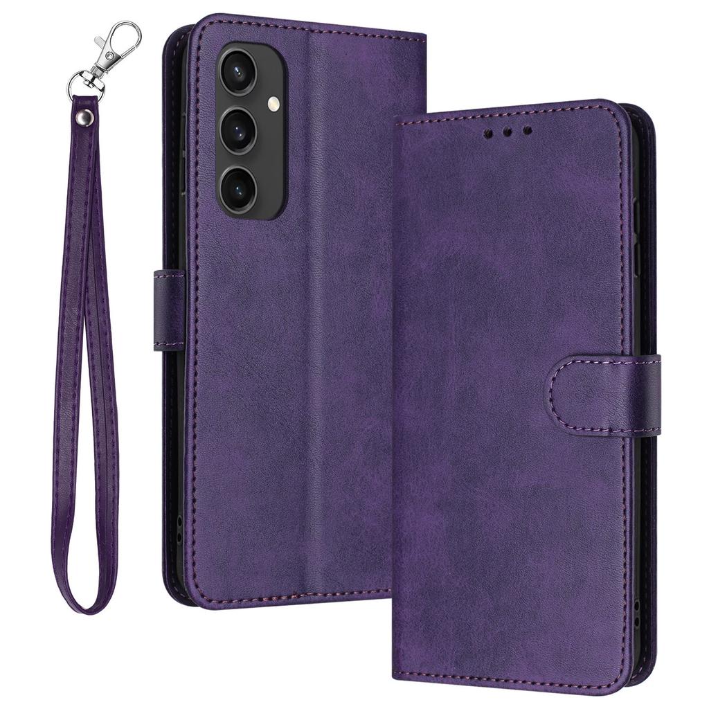 For Samsung Galaxy S24 FE Case PU Leather Purse Calf Texture Phone Cover with Hand Strap