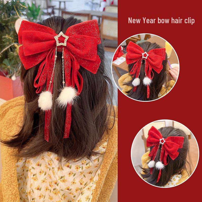 2025 Chinesisches Neujahr Samtschleife Haarspange - Rotes Festliches Haaraccessoire
