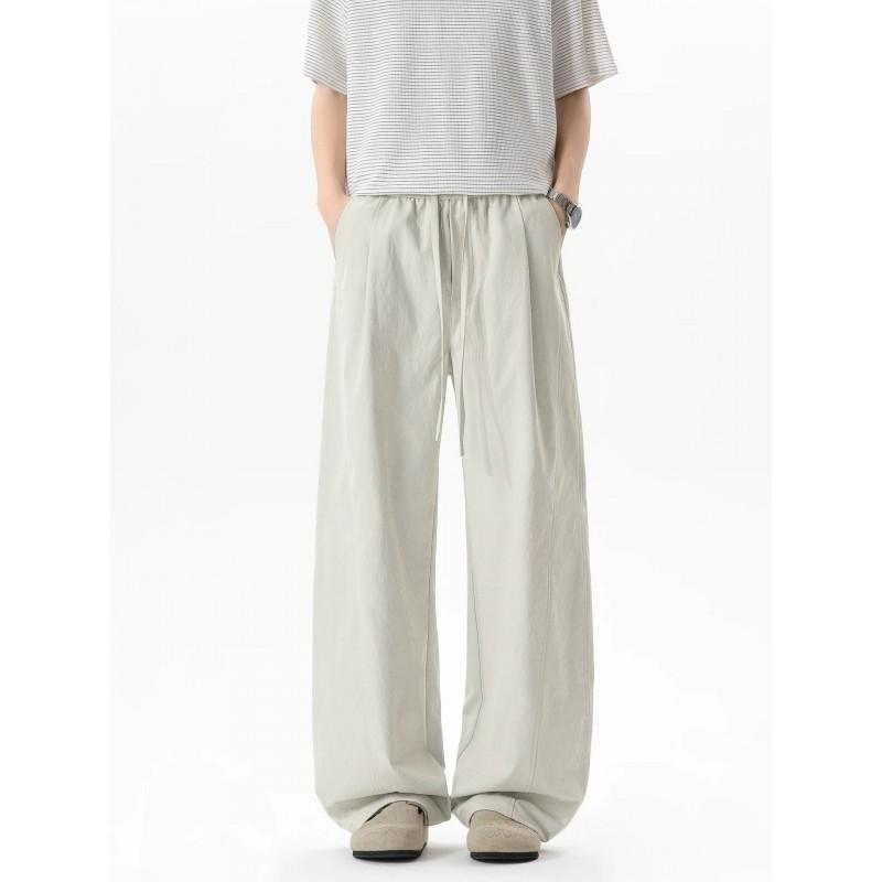 Mens Casual Pants Solid Color Splicing Straight Leg Trousers Retro Pleated High Street Drawstring Loose Fit