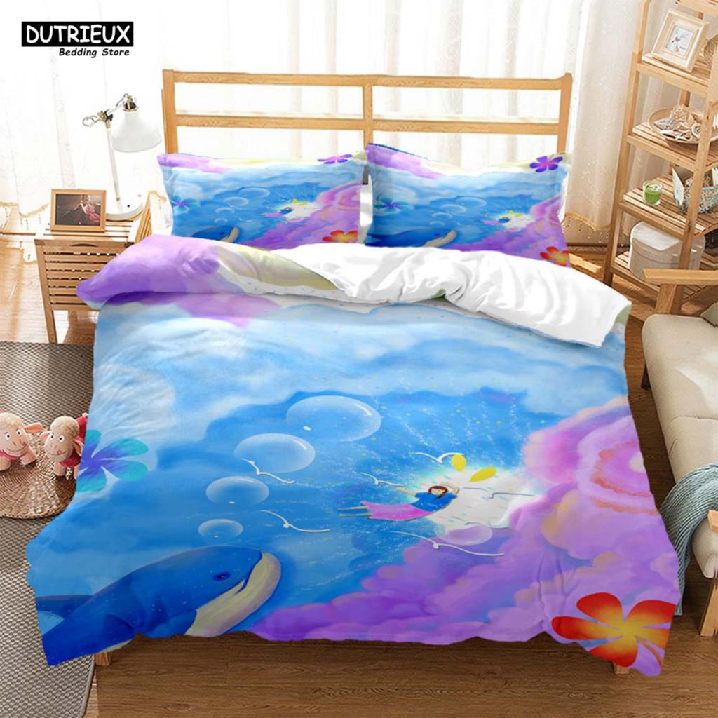 

Whales And Girls Digital Print Polyester Bedding Sets Child Covers Duvet Cover Set For Teens Bedding Set Blue And Pink Covers (135x200cm)