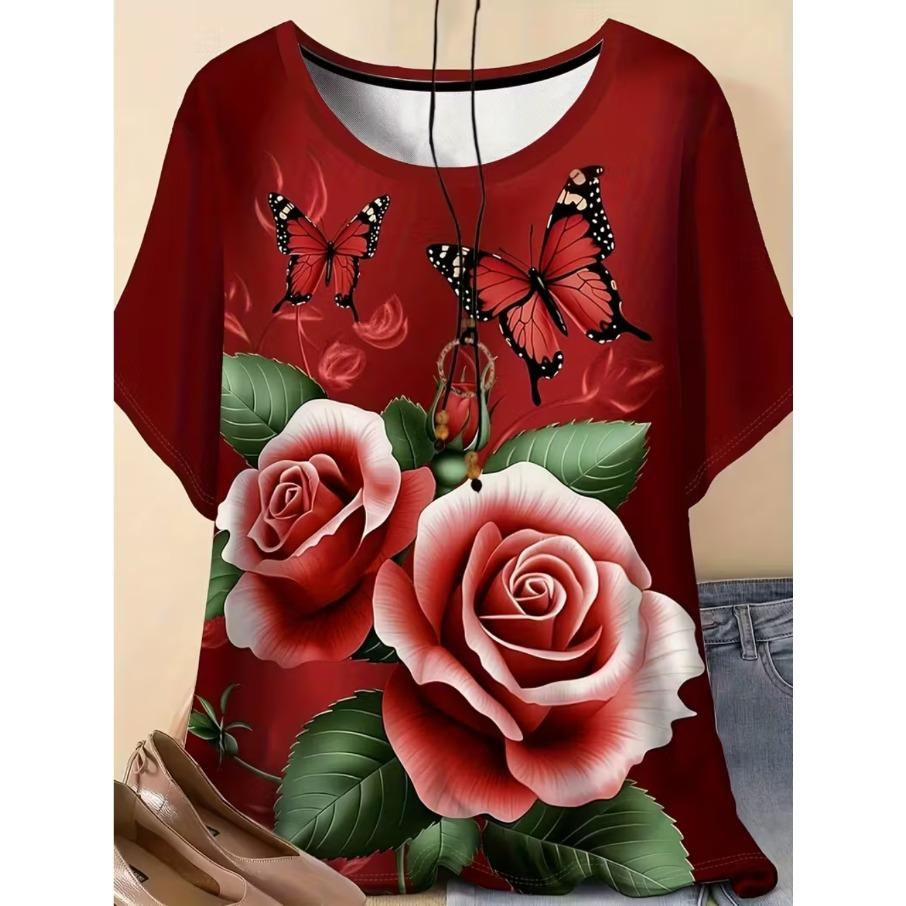 

Женская мужская футболка с коротким рукавом и V-образным вырезом свободного кроя больших размеров XL-7XL с повседневным 3D-принтом XL красный