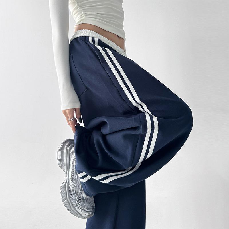 Striped contrasting color wide-leg pants women's autumn new high-waisted loose and thin straight casual floor-mopping trousers