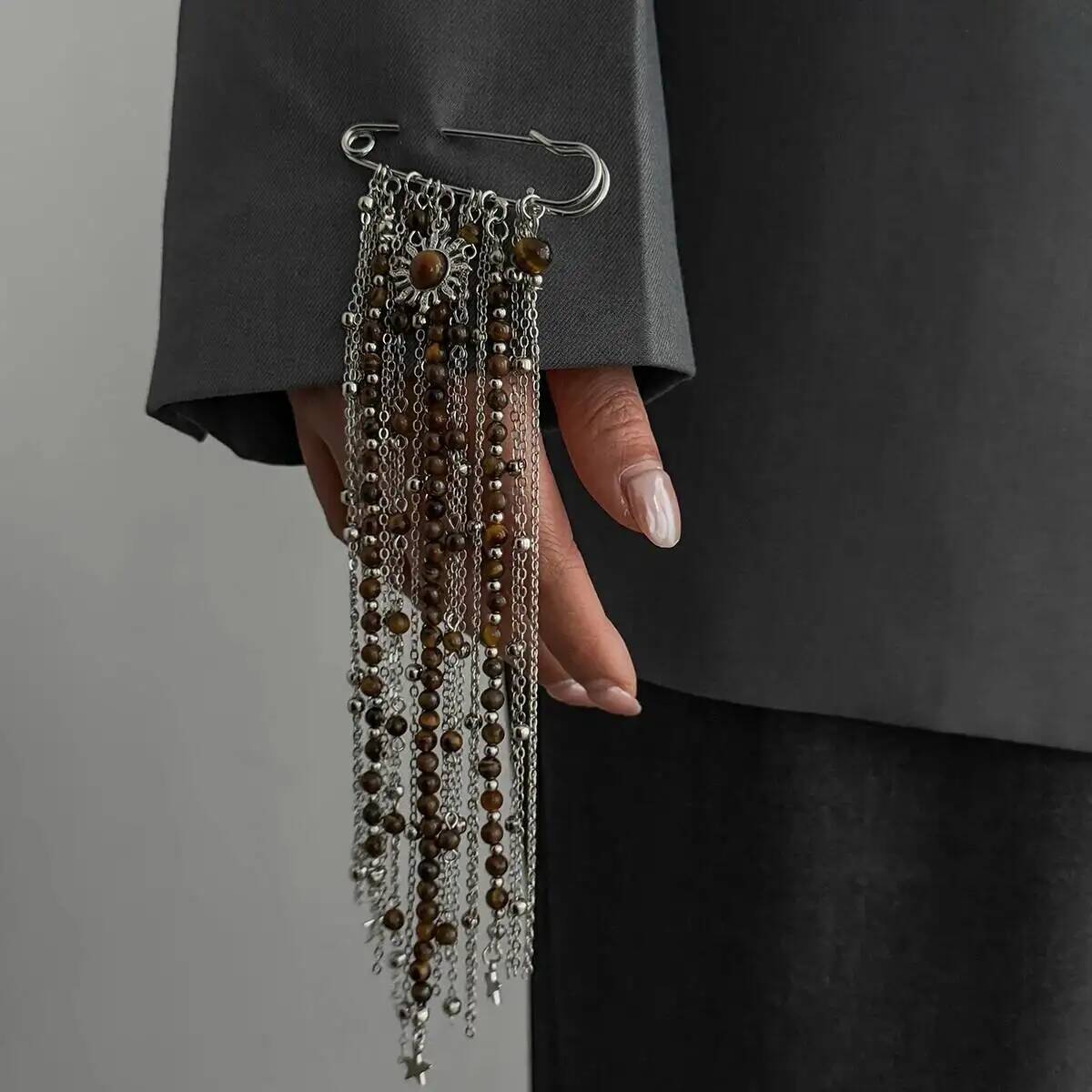 SHIXIN Exaggerated Long Tassel Chain Rice Bead for Women Brooch Handmade Bead Multi-layer Chain Fixed Needle Clothing Decoration