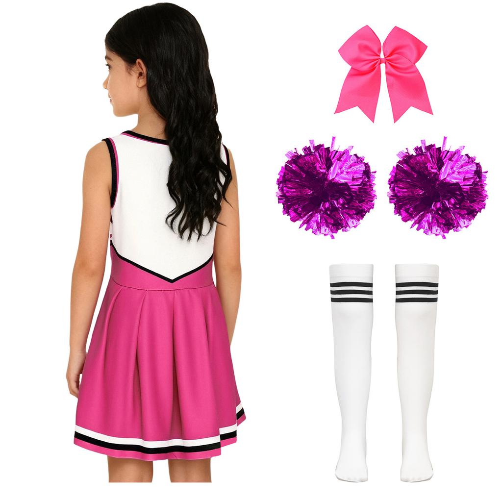 Vestito Completo Cheerleader per Ragazze Senza Maniche Gonna Pieghettata Stampa Lettere Fiori Pompom Accessori per Capelli Calzini a Tubo a Righe Costume Completo