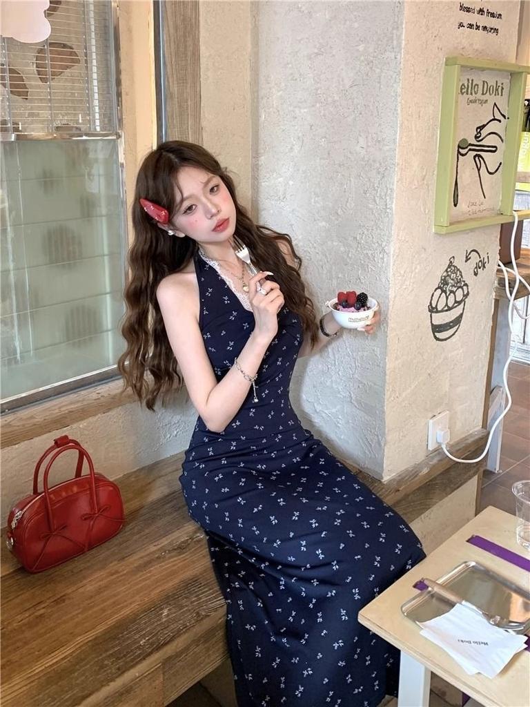 Kink Lace Neck Sling Floral Dress Women's Summer New Seaside Vacation Beach Dress