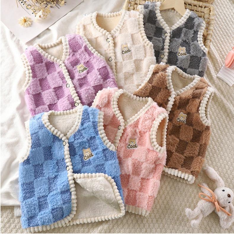 Autumn Winter Kids Lamb Wool Vest Children's Double Thick Warm Coat Checkered Pattern Baby Boys Girls Outdoor Plush Sleeveless Outerwear