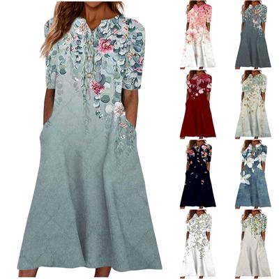 Women's Summer Casual Printed V-Neck Short-Sleeve Swing Dress