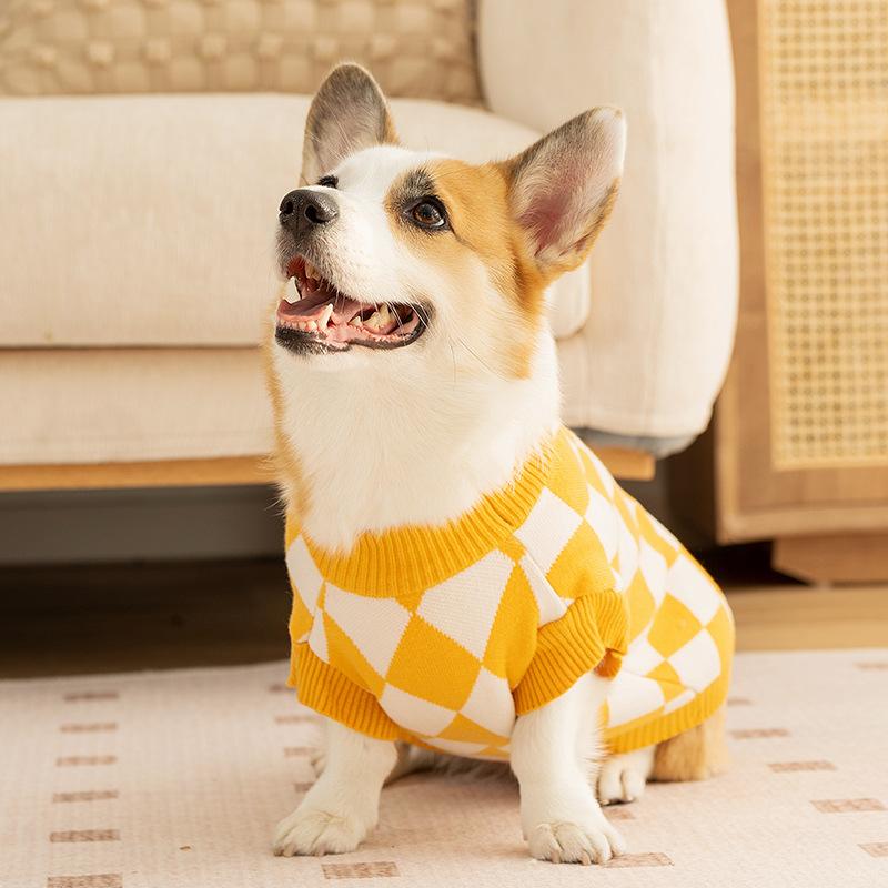 Psí oblečení Corgi Dou Podzimní a zimní kostkovaný pulovr Střední pes Dvě nohy Teplé oblečení pro mazlíčky