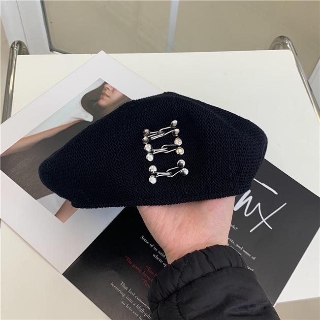 Retro Fashion Cotton and Linen Nail Buckle Beret Children Spring and Summer New Versatile Black Painter Hat Tide