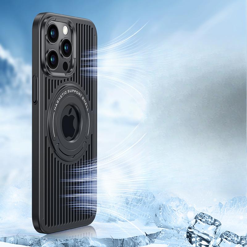 

Подходит для iPhone16Pro Магнитная зарядка Чехол для мобильного телефона Apple 13 Охлаждающий сетчатый чехол 15 Невидимый U-образный кронштейн Чехол iPhone 16PROMAX чёрный