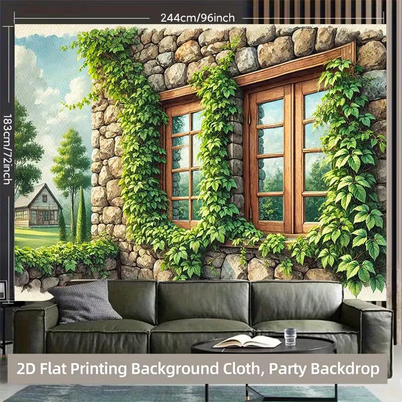 2D Cottagecore Stone Window Backdrop Green Ivy Nature Photo Booth Banner
