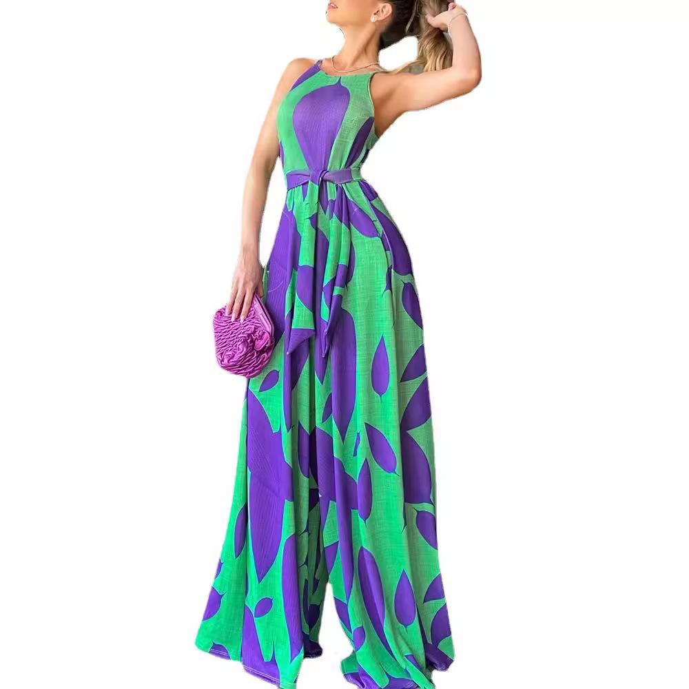 Combinaison verte à imprimé, style européen et américain, tempérament printanier, pour le travail, sans manches, à bretelles, style pantalon évasé, taille haute