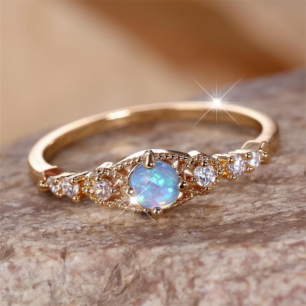 Blue Opal Small Round Stone Thin Engagement Rings For Women Vintage Gold Color White Zircon Wedding Band Birthstone Jewelry Gift