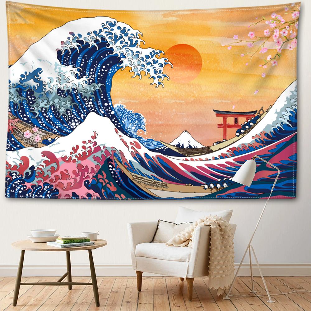 

Гобелен «Оранжевое солнце и волны», настенный богемный мультфильм Kawaii, минималистичный художественный декор для гостиной, спальни 95x73CM