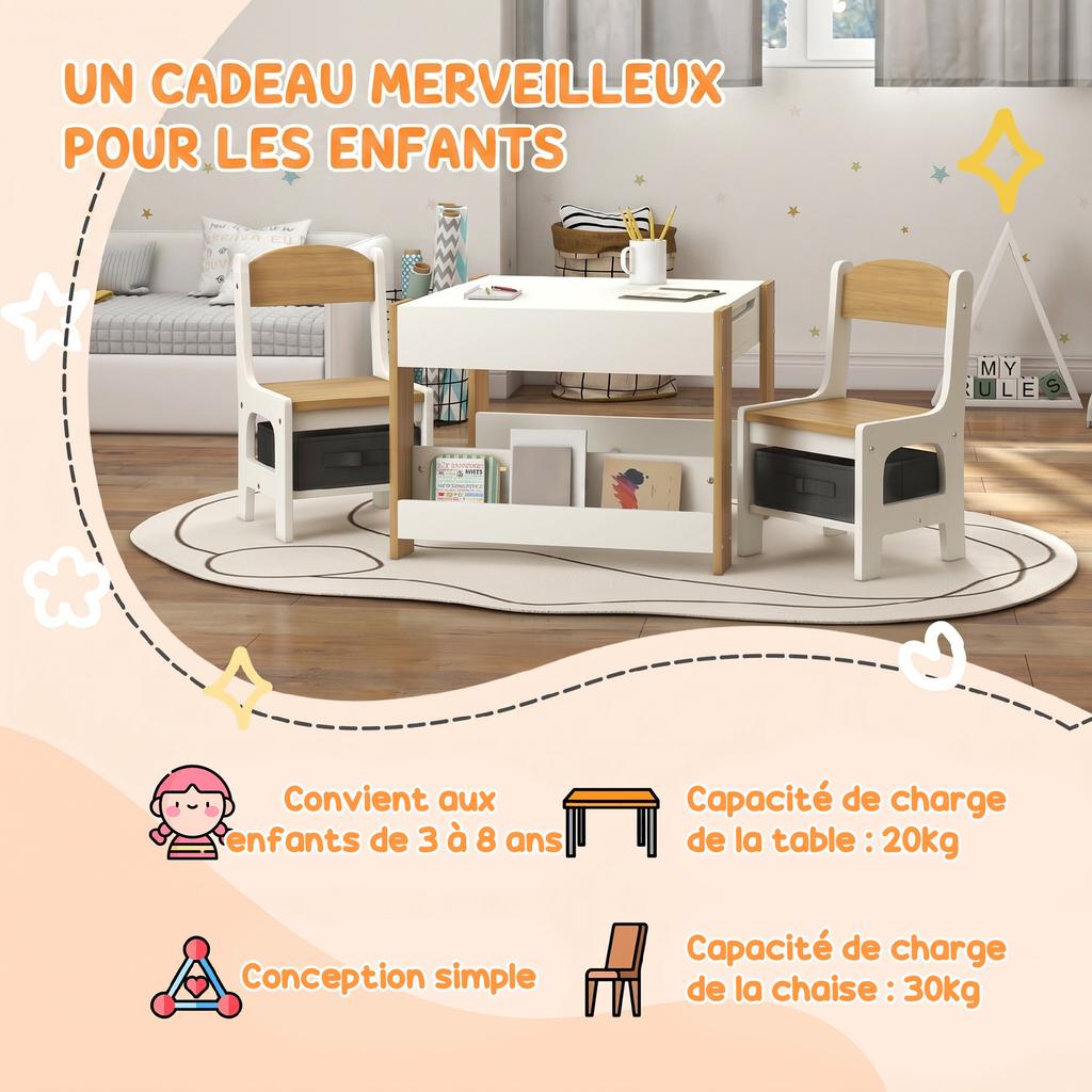 Three-Piece Kids Table and Chair Set with Blackboard, Storage, Bookshelves - Natural Wood