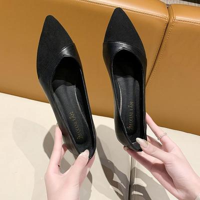 Chaussures noires à semelles plates, chaussures en cuir, polyvalentes, style petit parfum, pointues et confortables, bouche peu profonde professionnelle, escarpins à talons bas