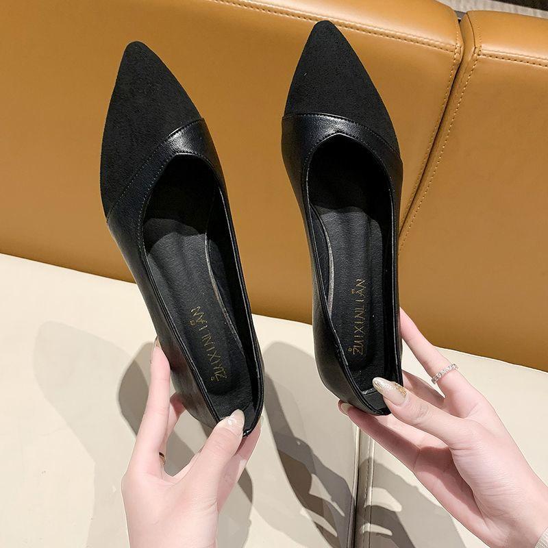 Flat-soled black shoes, leather shoes, versatile, small fragrant style, pointed and comfortable, professional shallow mouth, low-heeled single shoes