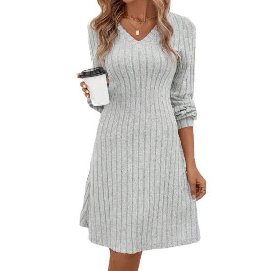 Herbst Winter Geripptes Strickkleid V-Ausschnitt Langarm Minikleid Einfarbig Dickes warmes A-Linien-Kleid Streetwear