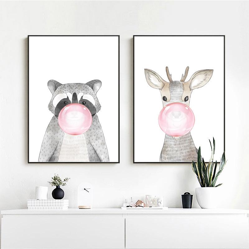 Decorative Painting Animal Bear Deer Blowing Balloon Nordic Animal Blowing Bubble Hanging Painting Wall Picture for Living Room