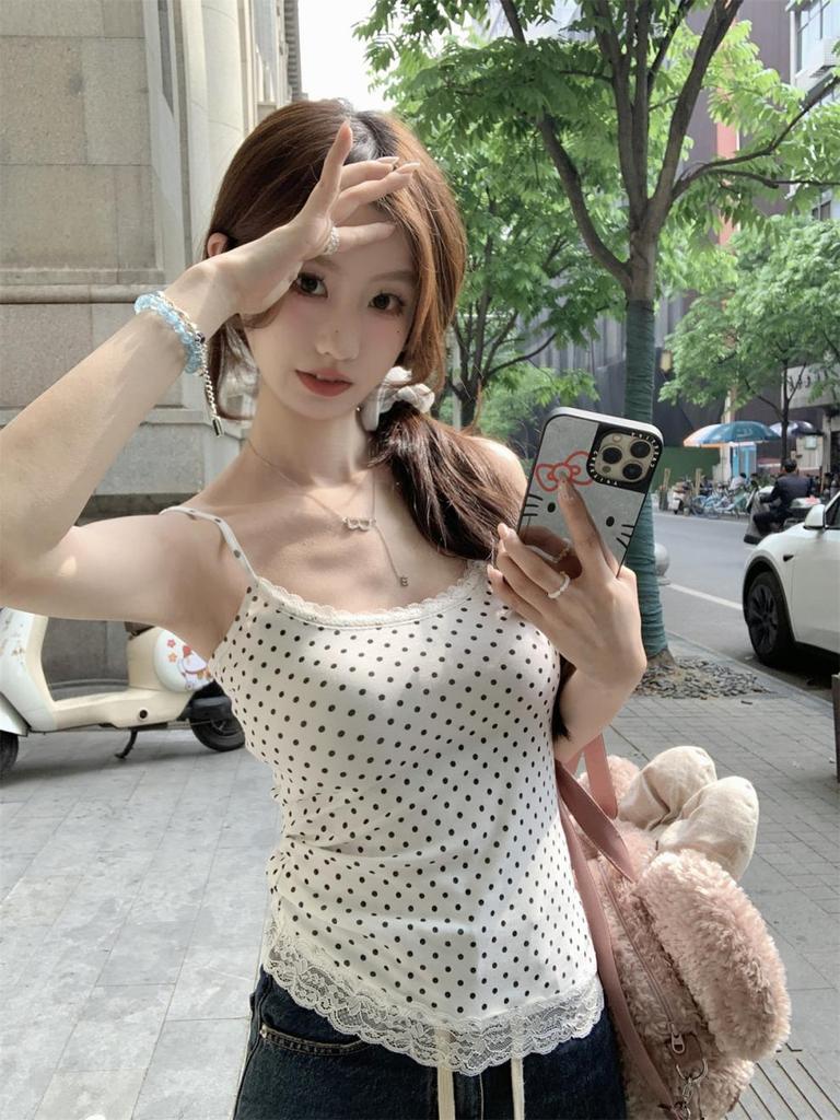 Summer Korean Style Polka Dot Lace Splice Cotton Camisole Top
