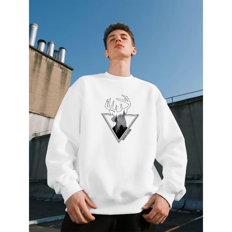 Men's Street Style Crew Neck Sweatshirt With Forest Deer Shadow Triangle Logo, Casual Top For Commuting And Leisure.