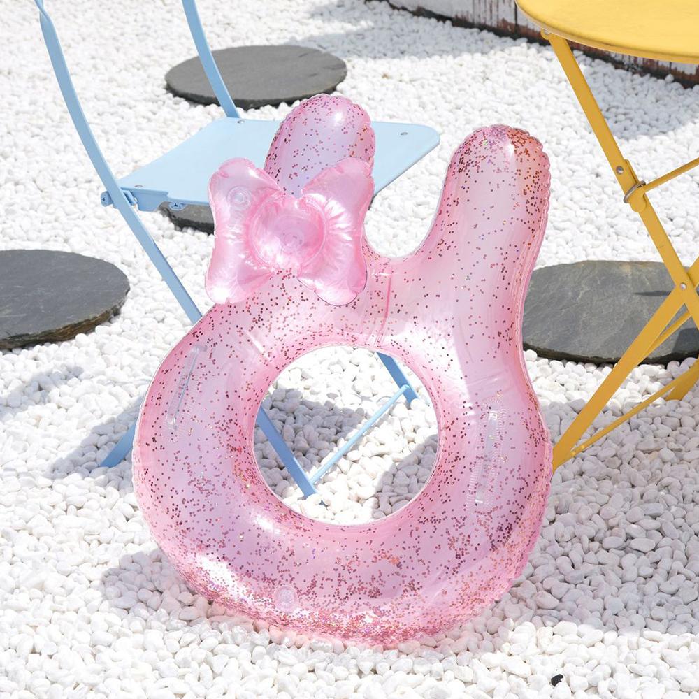Cute Rabbit Ear Pool Float, Pink Glitter Swim Ring for Toddlers and Kids