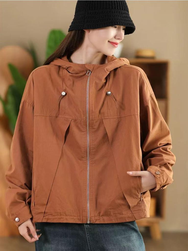 Johnature Woman Autumn Drawstring Long Sleeves Loose Casual Coat Solid Color Zipper Hooded Splicing Coat