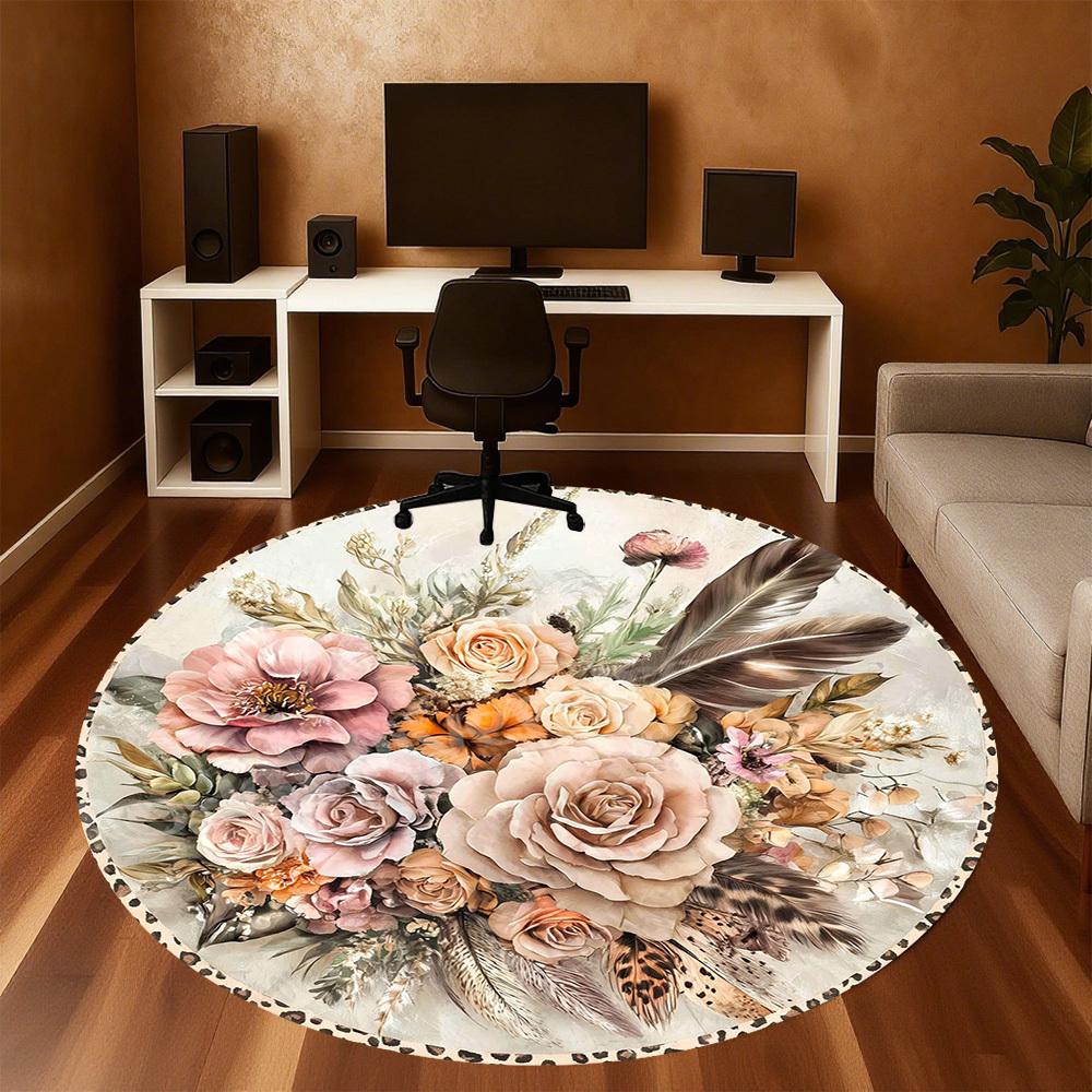 1PC Floral Feathers Office Round Area Rug, Under Office Chairs Bedroom Living Room Home Decor, Carpet for Office -1110110