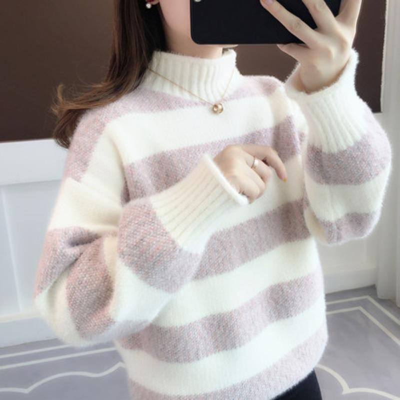 Autumn Casual Half High Collar Knitted Sweater Women Fashion Long Sleeve Loose Striped Winter Pullovers Sweaters Women Elegant Warm Lady Jumpers 25522