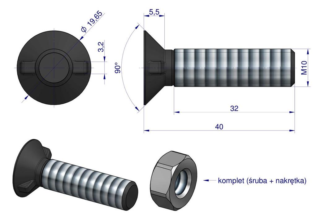Śruba Kpl. Płużna Dwunoskowa Większy Łeb M10X40 Mm Kl.10.9 Waryński ( Sprzedawane Po 25 )