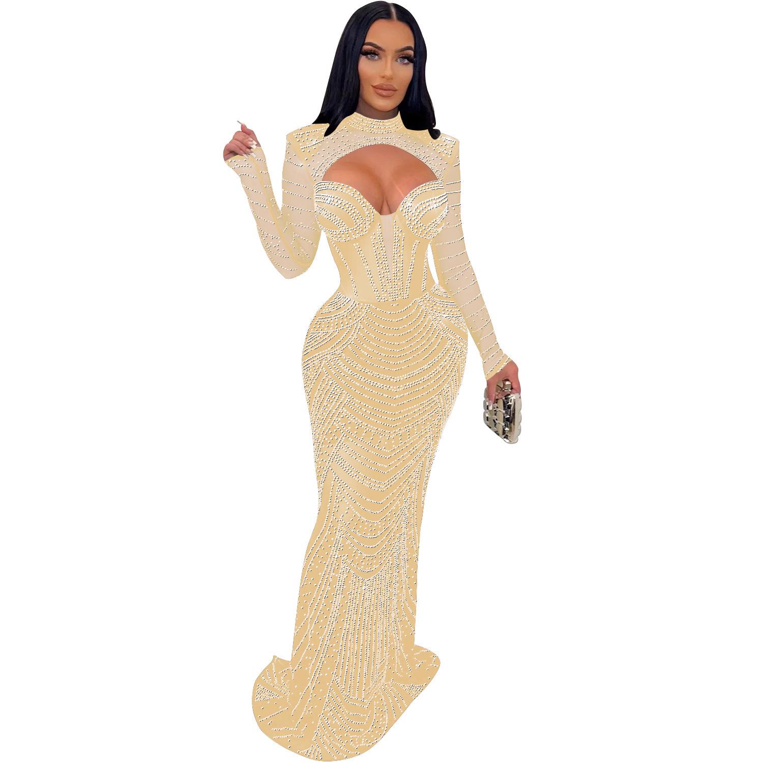 

V-neck Long Sleeve Mesh Dress with Hot Drill Accents XXL абрикосовый