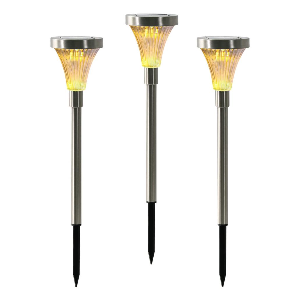 GWSOLAR [Set of 3 Solar Lights with Stainless Steel Pole] Light Color: Warm White, Slim Design, Modern and Stylish Light, In-Ground Insertion, Light