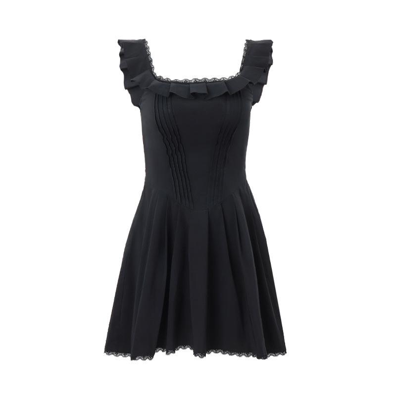 Ins Style Summer New French Temperament Square Neck Wooden Ear Edge Fishbone Corset Female Dress