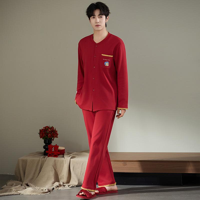 1A Antibacterial Red Couple Pajamas Wedding Pure Cotton Men's Natal Year Spring and Summer Loungewear Set Wedding Gift