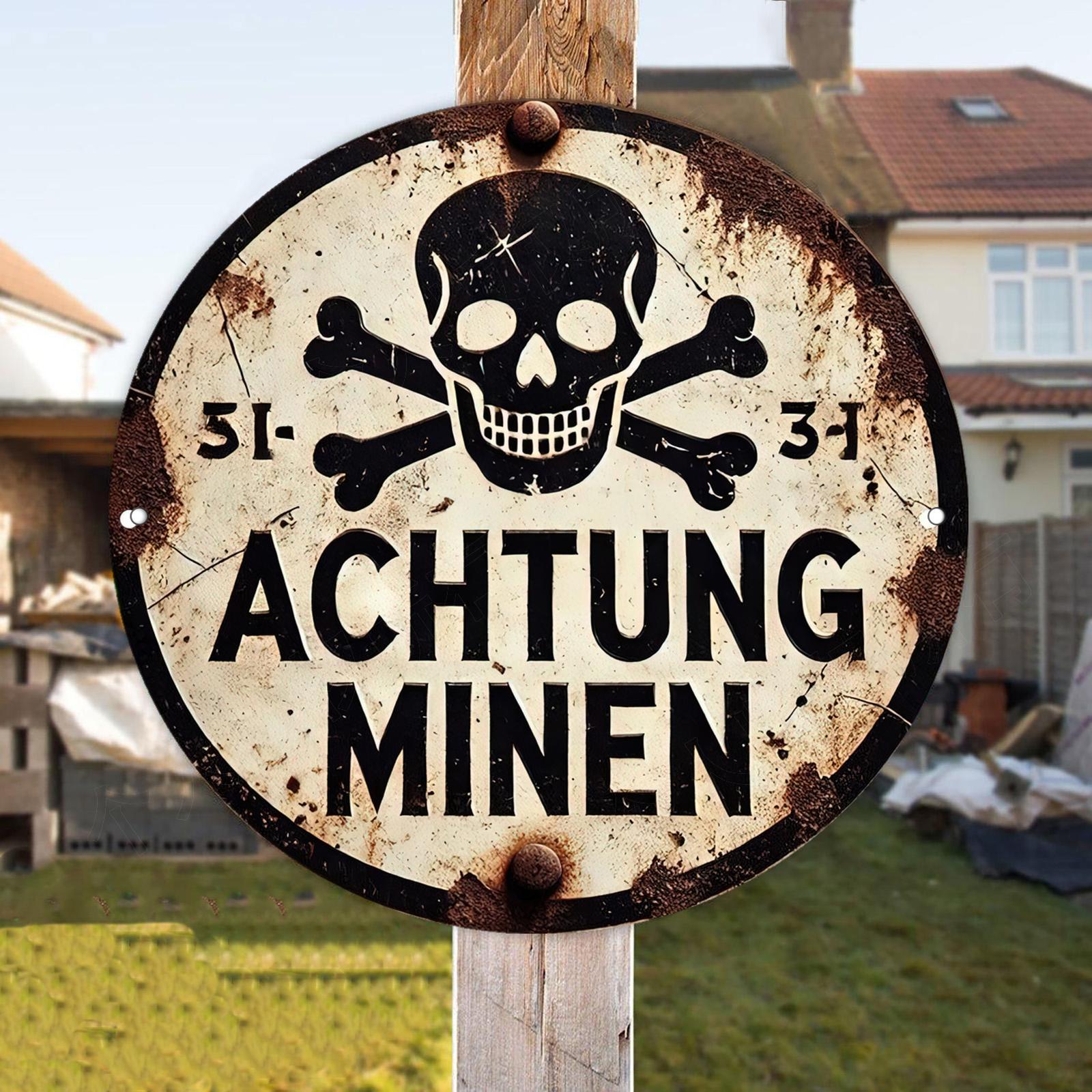 

Vintage ACHTUNG MINEN Sign. Skeleton & crossbones aluminum decor for bar, cafe or garage. чистый