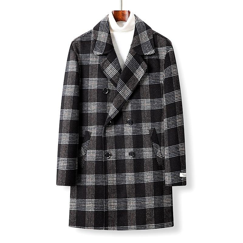 

Осенне-зимнее мужское шерстяное пальто в корейском стиле, черное и серое в клетку, утолщенное шерстяное пальто средней длины, двухстороннее шерстяное пальто 2XL