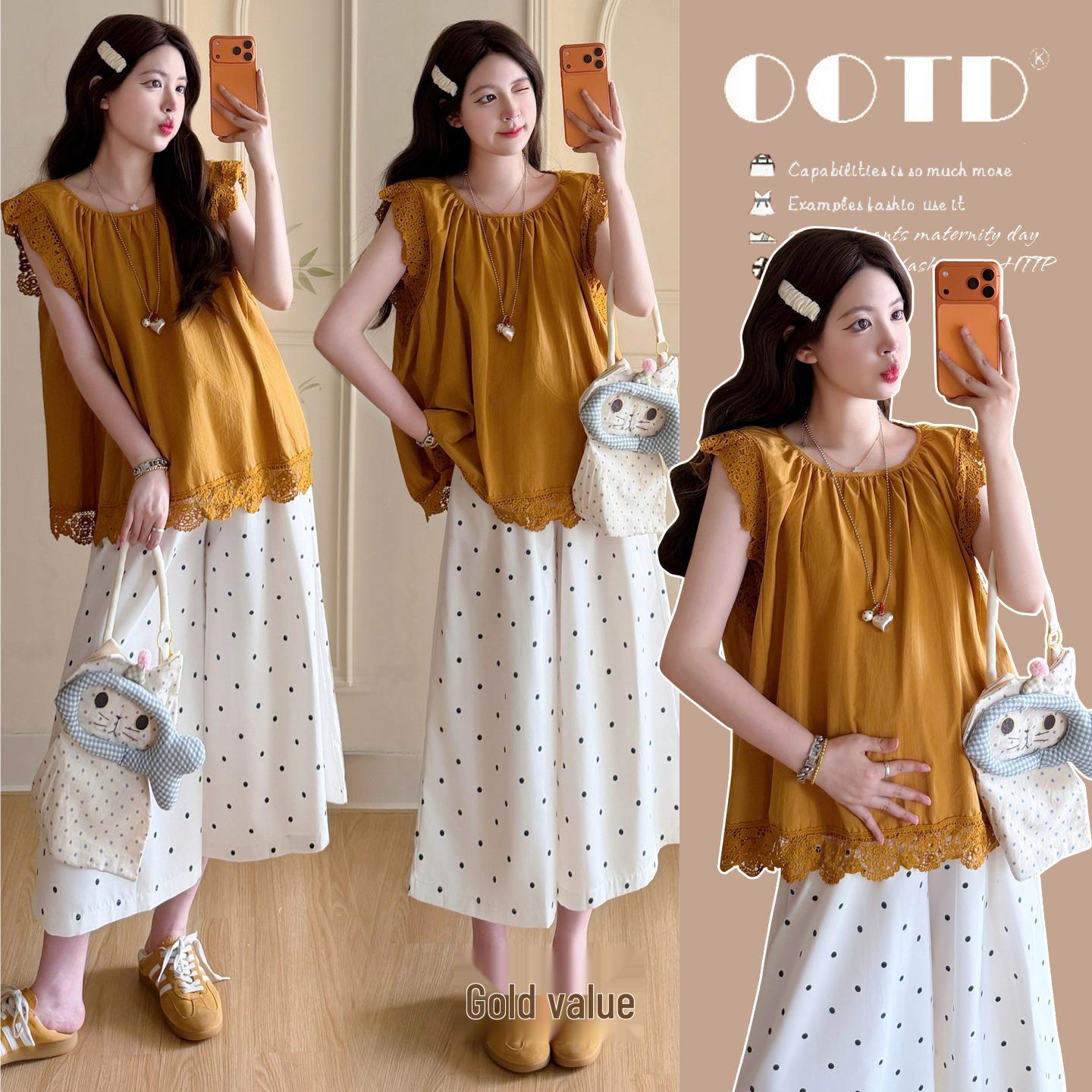 2026 Summer French Retro Maternity Lace Shirt & Polka Dot Pants Set 2XL