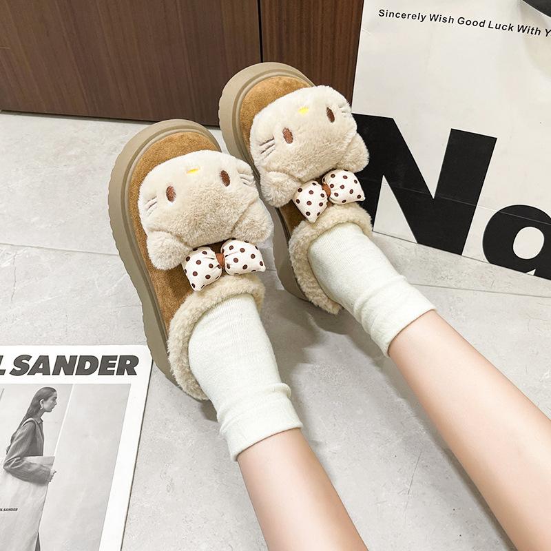Bow KT Cat Girl Fluffy Slippers Autumn and Winter Fashion Cute Cartoon Thick Bottom Velvet Warm Bag Head Cotton Mop